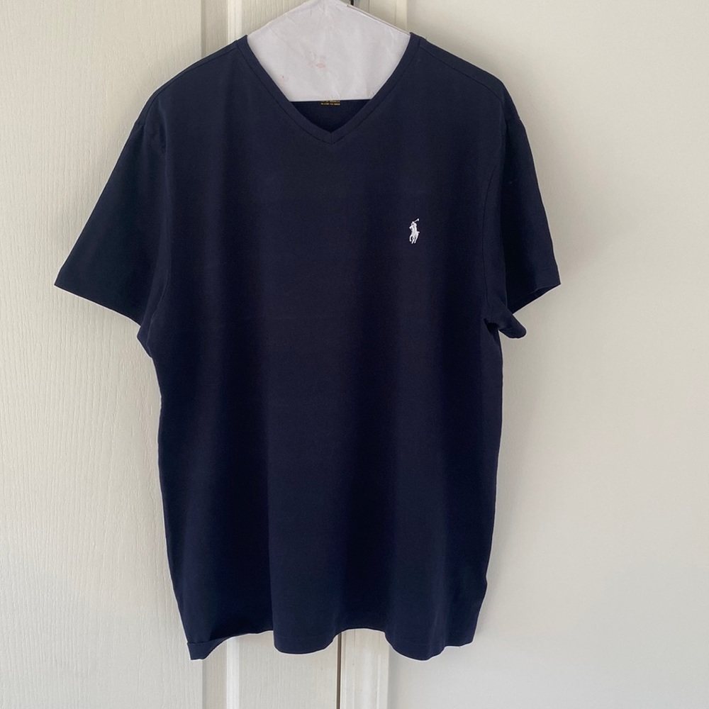 POLO Ralph Lauren large navy blue with white horse V-neck t-shirt.